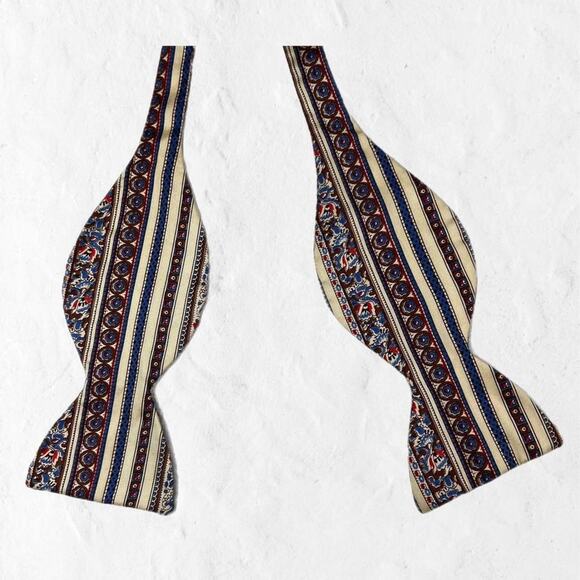 VTG Self-Tie Bowtie Cream Red Blue Striped Floral Paisley Dapper Menswear - Picture 2 of 4